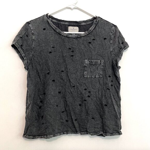 AMERICAN EAGLE Destroyed Pocket T-Shirt Black Ripped Rips Short Sleeve Crop Top - Picture 2 of 10